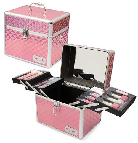 Verybella Make-up case with shoulder strap and handle, 31 x 22.5 x 27 cm, with 4 trays on two levels, mirror, 4 make-up brushes, 1 palette 18 eyeshadow, 4 shiny lips