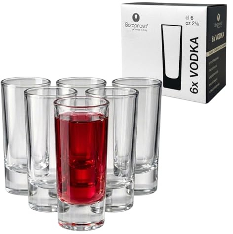 Chabrias Ltd Indro 60ml Tall Modern Shot Glasses 60ml (2 1/8oz) Set of 6 – Extra Clear Glass with Thick Base, Dishwasher Safe, Professional Vodka & Liqueur Shooter Shot Glasses - Made in Italy