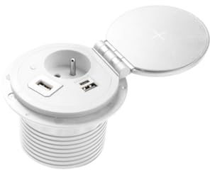 GTV Möbelsteckdose Charger Plus, 5W Induktionsladegerät, austauschbare USB-A/HDMI/RJ-45 Anschlüsse, Ultra-flaches Profil, ideal für Schreibtische und Küchen