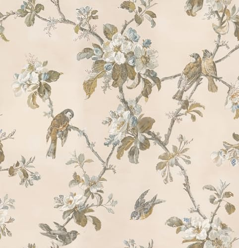 DacaiCloth Vintage Floral Peel and Stick Wallpaper, Flowers and Birds, Self-Adhesive, Removable Wallpaper Wall Stickers for Home Bedroom Cabinets Thicken, 17.3 x 118(44 cm x 300 cm),Beige