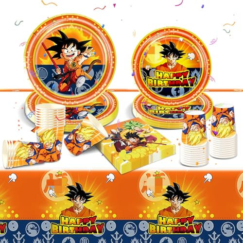 Party Tableware Set Boys-Animie Ball Birthday Decorations Yellow Dragon Themed Supplies 51PCS Paper Plates Cups Napkins Tablecloth Party Favors for Kids Baby Shower Birthday Deco