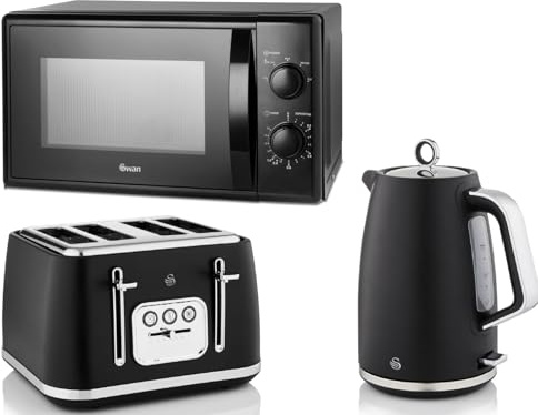 Swan Serenity Black 1.7L 3KW Kettle, 4 Slice Toaster & 20L 700W Microwave SM4420BLK Contemporary Design Matching Kettle, Toaster & Microwave Set with a Matt Black Finish