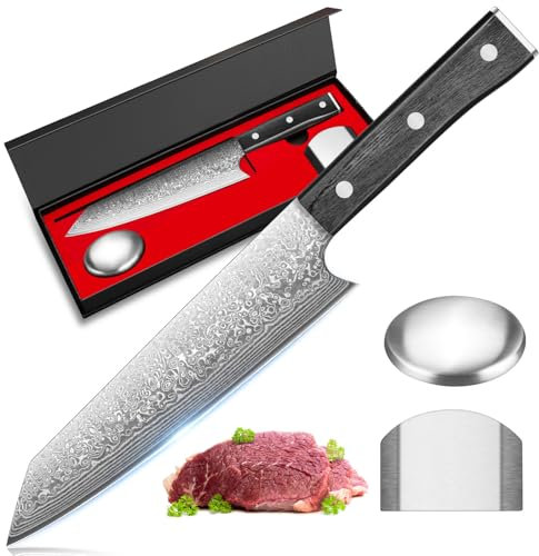 kyushublade Damascus Kiritsuke Knife, Professional Kitchen Knive, Damascus Steel Chef's Knife, Ergonomic Wooden Black Handle for Home, Restaurant, Gift Box