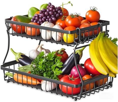 JLLYGOUS Corbeille a Fruit 2 Etages Corbeilles à Fruits avec 4 Suspensions pour Bananes, Panier Fruit pour la Cuisine Stockage de Fruits Noir 2025