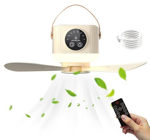 Trveqhk Portable Ceiling Fan With Light,Light Up 3600mAh Small Ceiling Fan With Remote Control - Outdoor Cooler With Timer, Removable, 4 Speeds, USB Rechargeable For Outdoor RV
