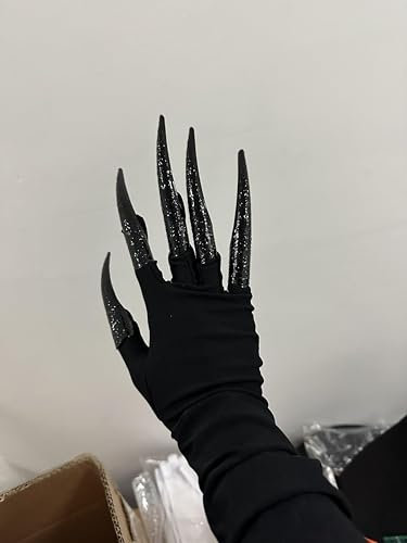 Spooktacular Creations Halloween-Handschuhe mit langen Fingerklauen, schwarze Pfotennägel-Handschuhe für Vampire, Dämonen, Krähen und Katzen. Damen-Nagel-Kostüm-Zubehör, Cosplay-Party Dekoration