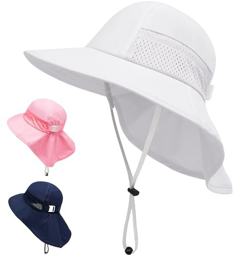 JinBei Kinder Sonnenhut, Sommerhut UV-Schutz 50+, Kleinkind Strandhut mit Nackenschutz und Breite Krempe, Weiß Jungen Mädchen Strand Mütze Atmungsaktiv Verstellbarem Sommermütze, 2-6 Jahre