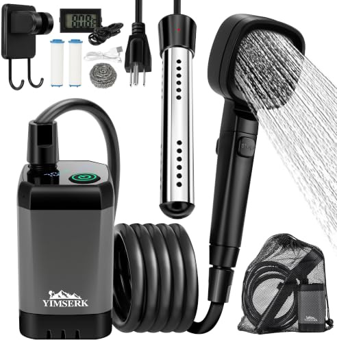 Ducha portátil con calentador para camping, bomba de ducha recargable de 6000 mAh con calentador de 2000 W, filtro de 4 modos, pantalla LED, kit de campamento para viajes al aire libre, mascotas