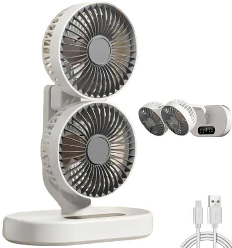 Credelin Ventilador de escritorio oscilante de doble cabeza, silencioso recargable por USB con temporizador de 6 velocidades y 9 horas, rotación de 360°, montaje en pared