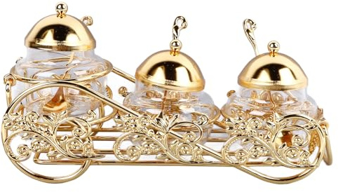 3 Piece Seasoning Box with Spoon and Lid, Glass Seasoning Jar Condiment Pot, Crystal Golden Sugar Bowl Condiment Container