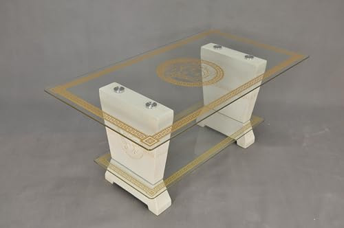 Argo Decor Couchtisch weiß im eleganten italienischen Design mit antiker Basis und Glasplatte, H: 0,5 m