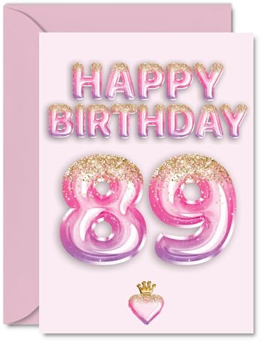 89th Birthday Cards for Women and Men, Pink & Purple Glitter Balloons | Happy Birthday Card for 89 Year Old Man Woman Grandad Auntie Nanny Nan, A5 Bday Greeting Cards