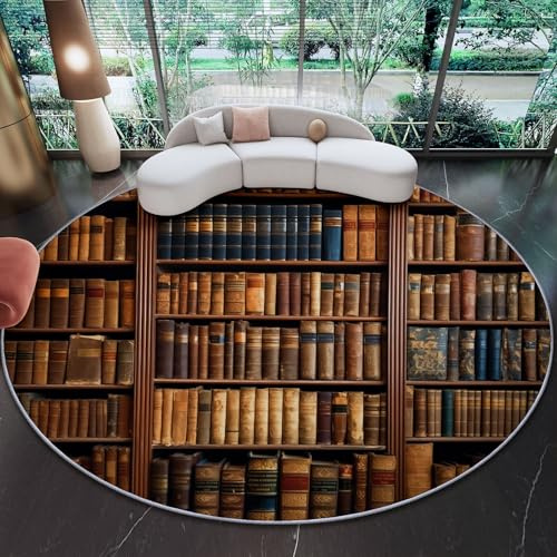 Weicher Kurzflor Bunt Teppich Wohnzimmer mit rutschhemmender Rückseite 120 cm - Vintage Bücherregal Bibliothek für Flur, Esszimmer und als Schlafzimmer Teppich - Waschbar bis 30 Grad