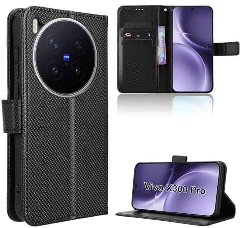Rojeuinn Hülle für Vivo X300 Pro Handyhülle-Hülle Stoßfest Case Cover-Handy Case in Premium Kohlefaser [Klappbar Flip] [Standfunktion Tasche] -Schwarz