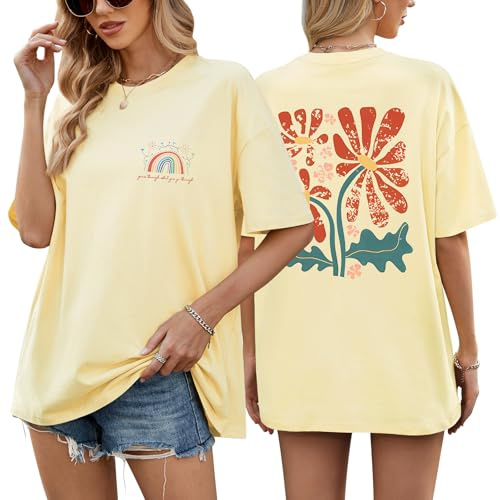 heekpek T Shirt Femme Oversize Très Large Teeshirt Coton Col Rond T-Shirt Manches Courtes Chic Imprimé Décontracté Grande Taille Haut Femme Ete