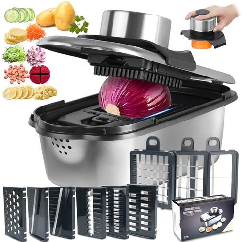 Ecopandy 2L Kitchen Mandoline Vegetable Slicer 304 Stainless Steel, Vegetable Chopper Vegetable Cutter - Salad Chopper Veggie Onion Salad Food Chopper Ktchen Gadgets & Cheese Grater, 9-in-1 Black