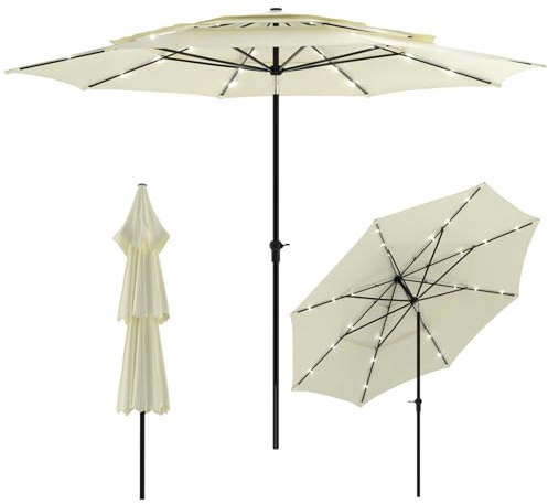 Huracan Parasol de plage inclinable à LED solaire - 300cm Parasol de jardin pliable sans support - Grand Ombrelle à manivelle pour balcon, terrasse et jardin, Blanc