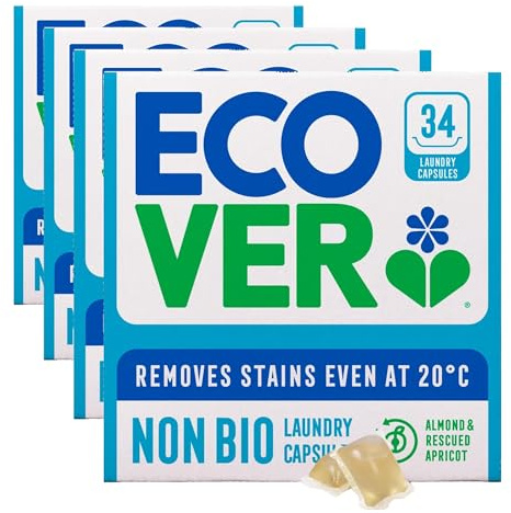 Ecover Non-Bio Washing Capsules - Laundry Capsules/Tablets - Laundry Detergent With Clean And Fresh Almond & Rescued Apricot Scent, 1x Pack of 136 Capsules/Tablets, White