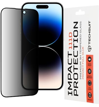 Techsuit Sichtschutzfolie für iPhone 14 Pro Gehärtetes Glas mit 9H Härte, Vollständige Abdeckung, Stoßschutz, Blickschutz Beschichtung, Anti Fingerabdruck, Blasenfrei, 111D Privacy Full Glue