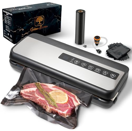 Golden Barrios Envasadora al Vacío Domestica 80 kPa, Doble Sellado | Profesional · 8 Modos en Seco, Polvo y Húmedo · Incluye Bolsas Gofradas Negras, Cortador, Almacén de Rollos y Tapón de Vacío