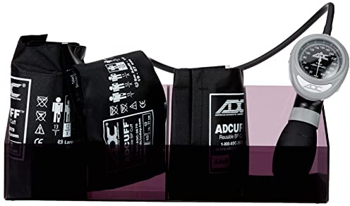 ADC Allgemeinärztliches Set Multikuf 705 mit mehreren Manschetten und handgehaltenem Aneroid-Blutdruckmessgerät 804, Plexiglastablett, schwarz