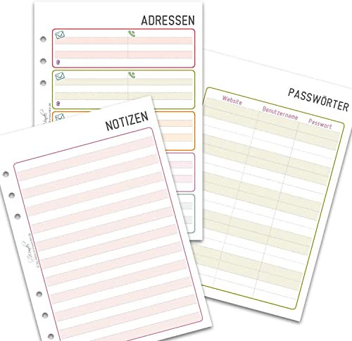 SinnWunder® 50 Blatt Planer-Notiz-Set – mit Notiz-Seiten, Adressen, und Passwortlisten für Ringbücher mit 6 Ringen im Format DIN A5