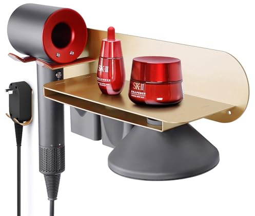FLE Haartrocknerhalter Wandmontiert mit Regal – Haartrockner Halterung Organizer, kompatibel mit Dyson Supersonic Haartrockner, Gold.