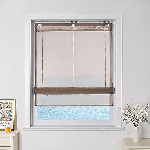 ESLIR Raffrollo ohne Bohren Raffgardinen mit U-Haken Ösenrollo Voile Gardinen Transparent Vorhänge Modern 1 Stück Hellbraun BxH 120x150cm 1 Stück