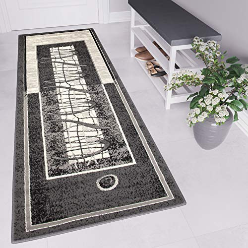 TAPISO Dream Läufer Flur Teppich Kurzflor Modern Brücke Grau Creme Abstrakt Wellen Streifen Linien Muster Bordüre Korridor ÖKOTEX 100 x 500 cm