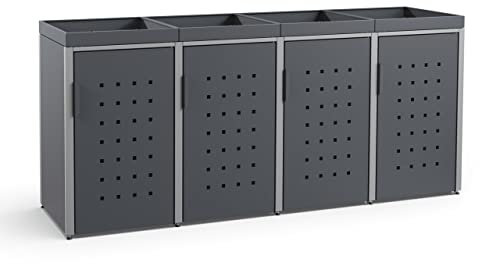 MEISTERBOX – 4er Mülltonnenbox Mülltonnenverkleidung mit Pflanzdach - 240L - Korpus & Dach Anthrazit/Pfosten Signalgrau