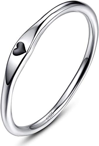 BONLAVIE 925 Sterling Silber einfache Carve Herz Hochzeit Band stapelbar Versprechen Ring für Sie (50.6(16.1), A-Silber-Schwarz)