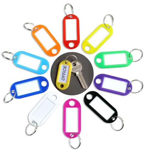 Redamancy 30 Stück Beschriftbar Schlüsselanhänger, 2.2×5cm Key Label, Kunststoff Schlüsselanhänger, Keyring Halter mit Label Fenster, Auswechselbare Etiketten in 10 Farben