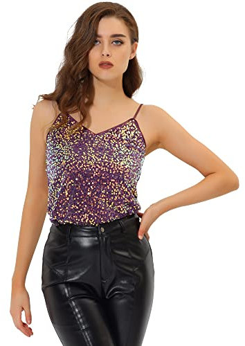 Allegra K Damen Festliches Oberteil Glitzer Top Spaghetti Party Club Camisole Pailletten Shirt Violett L