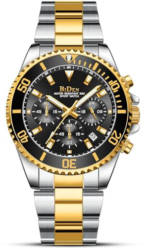 HANPOSH Herren Uhr Uhren Herren Chronographen Edelstahl Wasserdicht Armbanduhr Herren Quarz Uhren mit Datum Business Casual Uhr für Männer (A02-Silber Gold Schwarz)