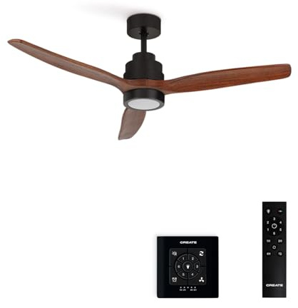CREATE / WINDSTYLANCE NATURAL WOOD/Deckenventilator mit Beleuchtung Schwarz Dunkelholzflügel mit Wandschalter und Fernbedienung / 40W, Ø132 cm, Sommer-Winterbetrieb, doppelte Höhe