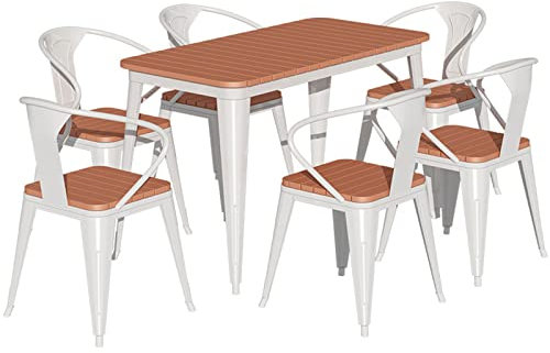 Tisch und Stuhl aus Schmiedeeisen, Kunststoff, für den Außenbereich, einfacher Stil, wetterbeständig, stark, 1 Tisch, sechs Stühle, Gartenmöbel (Weiß B)