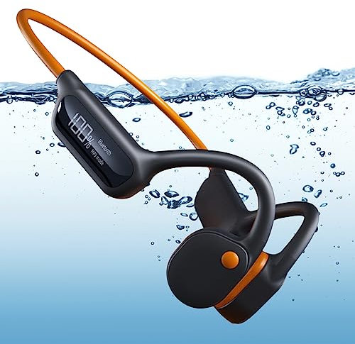 Bone Conduction Headphones Waterproof, IPX8 Swimming Headphones with 32G Memory, Bluetooth 5.3 Open Ear Sports Headphones with Microphone Wireless for Running Swimming Cycling Workout (Orange+Black)