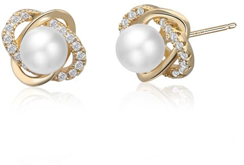 Weviway 14K Gold Plated Pearl Stud Earrings for Women, 925 Sterling Silver Stud Earrings with Cubic Zirconia, Handmade Pearl Jewellery for Gift