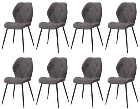 GrandCA HOME Juego de 8 Sillas de Comedor, Sillas de Comedor Tapizadas, Sillas de Cocina Nórdicas, Sillas Acolchadas con Patas de Metal, Cojines de Tela de Rombos, Gris Oscuro-R