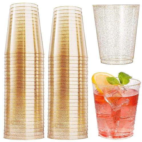 Partybecher, 50 Stücke Plastikbecher, 300 ml Becher Plastik, Goldene Pailletten Plastik Becher, Wiederverwendbar Plastik Becher Party Geeignet für Geburtstage Hochzeiten Partys Camping und Picknicks