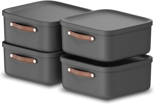 Rotho Maloja Aufbewahrungsbox mit Deckel 4er-Set 20 L stapelbar Anthrazit | Aufbewahrungsboxen, jede Box verschließbar, modular stapelbar, mit Trageriemen, pflegeleichter Kunststoff für Küche und Bad