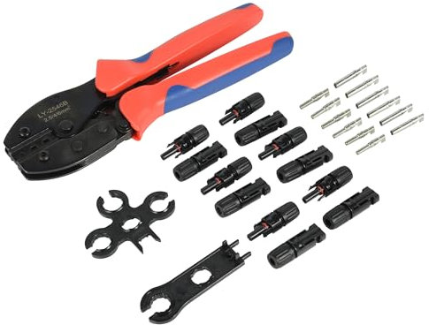 Electraline 59232 Kit pinza e connettori per pannelli fotovoltaici, pinza crimpatrice solare per cavi con sezione 2.5-4-6mm, 6 connettori completi MC4 (mascio+femmina+terminale), 2 chiavi, e borsa zip