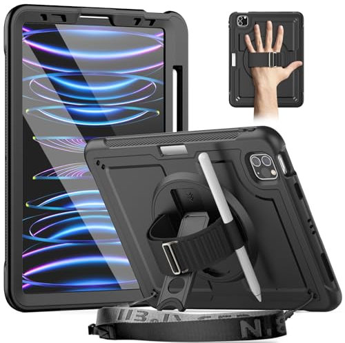 Timecity Case Only for iPad Air 5th/4th Generation Case 10.9 inch before 2022, iPad Pro 11 inch before 2022. Full-Body Drop Protection with Screen Protector, Kickstand/360 Rotating Hand Strap, Black