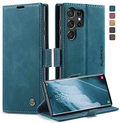 Cracedily Coque pour Samsung Galaxy S23 Ultra 5G Case, Etui Protection Housse Premium en Cuir PU,Etui à Rabat Pochette de Portefeuille Étui pour Samsung Galaxy S23 Ultra 5G - Bleu Vert