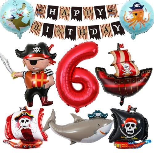 Bluelves Piraten Kindergeburtstag Luftballons 6 Jahre,Piratenschif Folienballons Geburtstagsdeko,Ozean Tiere Hai Helium Luftballon,Piratenschiff Ballons Deko für 6 Jahr Kinder Geburtstagsfeier