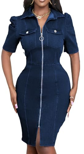 Sexy Jeanskleid für Damen, V-Ausschnitt, elegant, kurze Puffärmel, figurbetont, schmale Minikleider für Party, Club, Nacht mit Tasche, Reißverschluss, Dunkelblau, Dunkelblau, X-Groß