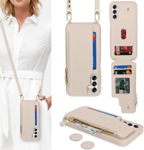 SailorTech Handyhülle für Samsung Galaxy A14 5G Etui mit Kartenfach, Samsung Galaxy A14 5G Hülle mit Verstellbarer Halskette, Samsung A14 5G Handytasche mit Reißverschluss Geldbörse-Aprikose