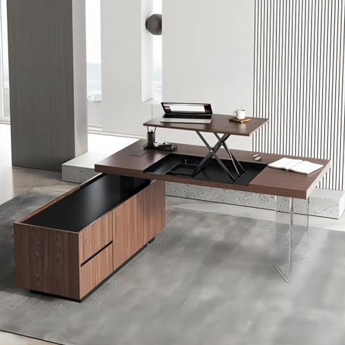 Moderner L-förmiger Chefschreibtisch, 181,6 cm, Heimbüro-Schreibtisch mit Hebe- und Aufbewahrungsschrank, Walnussholz, Stehpult für Produktivität und ergonomischen Komfort