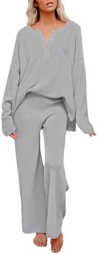 Viottiset Damen 2-Teiliges Homewear Set Langarm Knopf Weites Bein Hose Loungewear Outfits Strickpullover Grau XL