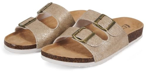 PERLETTI Ciabatte Donna Estive Comode Leggere - Ciabatte Mare Doppia Fibbia Dorate Quattro Stagioni - Sandali Comfort Eleganti Regolabili da Casa con Soletta in Vera Pelle (Oro Metallizzato, 39)